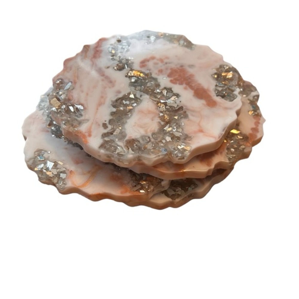 Handmade resin coasters, marble effect with crushed glass, tan, white, brown